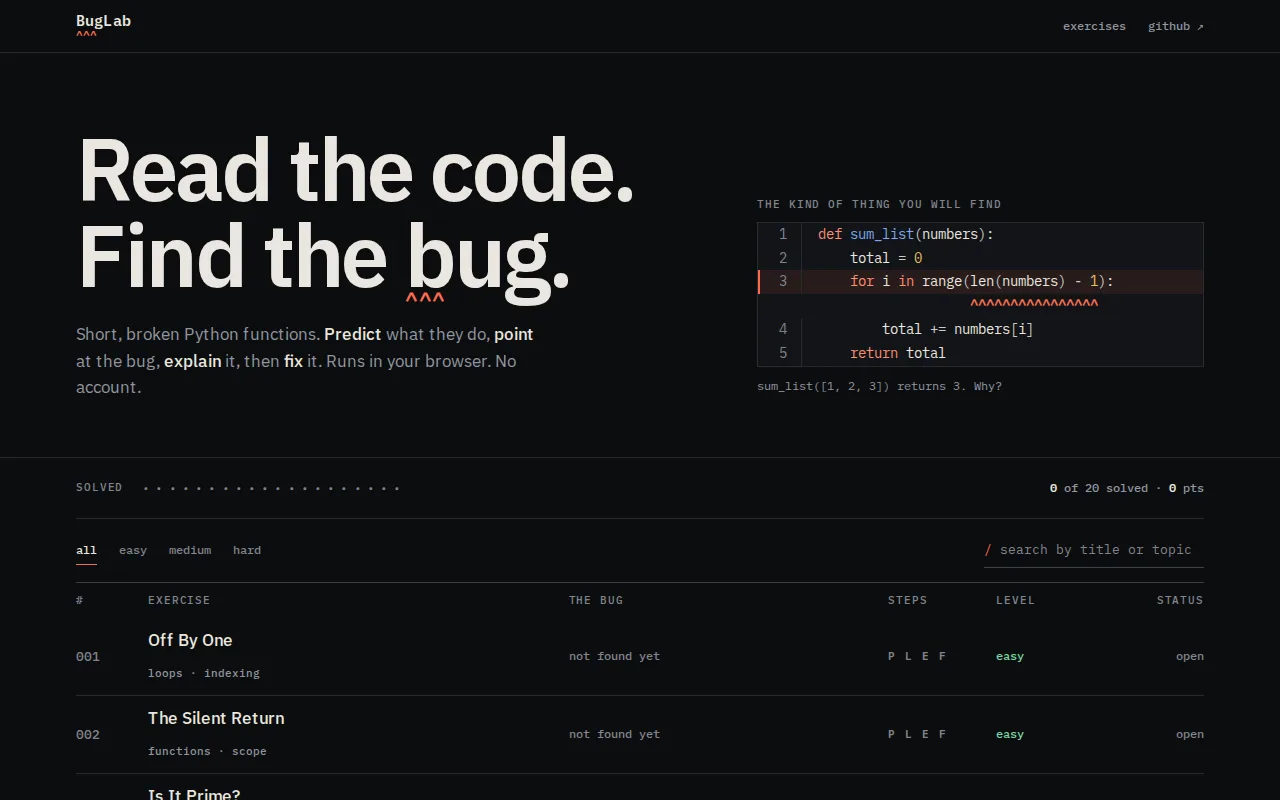 BugLab: a screenshot of the live project